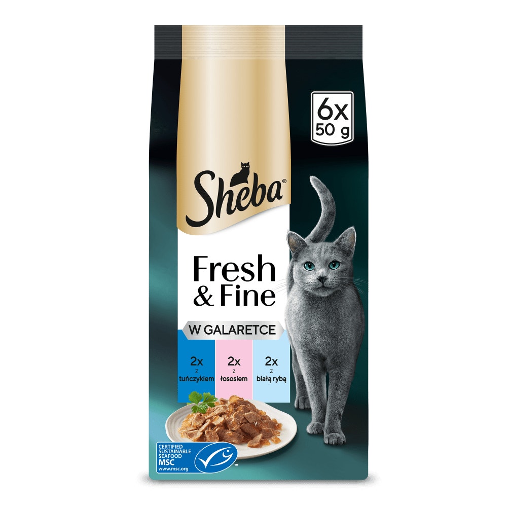 SHEBA® Fresh & Fine z tuńczykiem, łososiem i białą rybą w galaretce, 6 x 50 g - 1