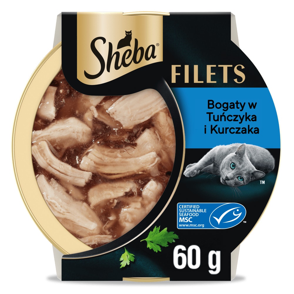 SHEBA® Filets z kurczakiem i tuńczykiem w sosie, tacka 60 g - 1