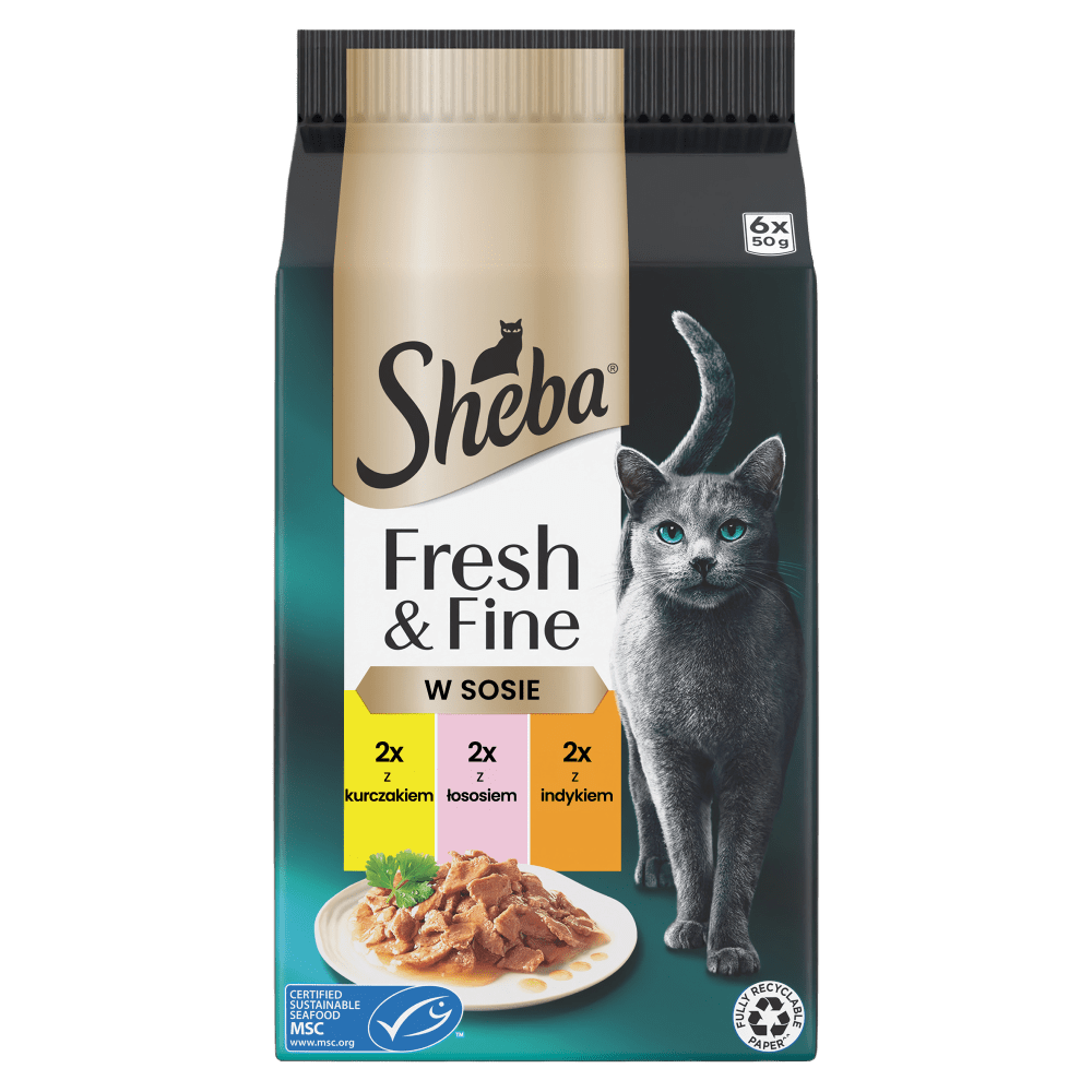 SHEBA® Fresh & Fine z Kurczakiem, Łososiem i Indykiem w sosie 6x50 g - 1