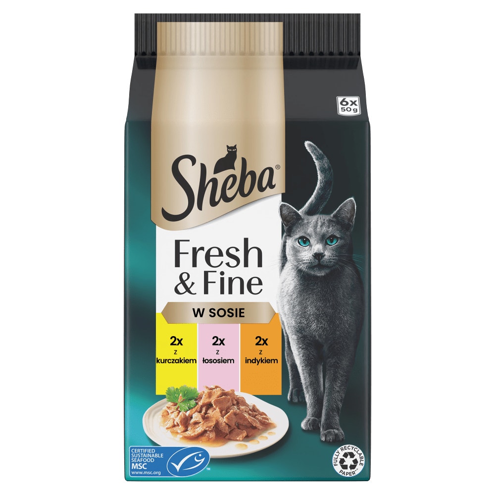 SHEBA® Fresh & Fine z Kurczakiem, Łososiem i Indykiem w sosie 6x50 g - 1